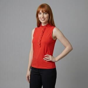 Tory Burch Red Orange Ruffle Sleeveless Polo Top Medium Polyester Blend